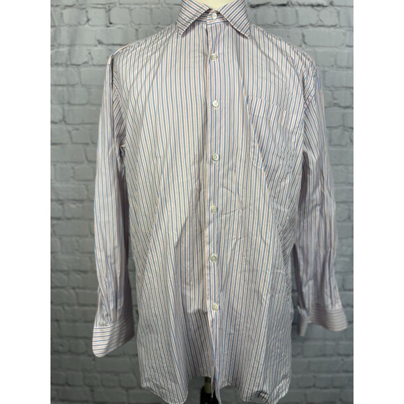 Solemare Maus Hoffman Dress Shirt Men 17/43 White,Orange,Blue Striped Button Up - Picture 3 of 8